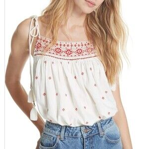 Free People Women Large Sheer Tank Top Tie Shoulder Embroidered Boho Tassel Boho